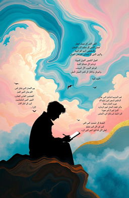 An abstract representation of the phrase 'و شعر شد تمام', showcasing a dreamy landscape with swirling colors and ethereal clouds, blending hues of blue, pink, and gold