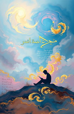 An abstract representation of the phrase 'و شعر شد تمام', showcasing a dreamy landscape with swirling colors and ethereal clouds, blending hues of blue, pink, and gold