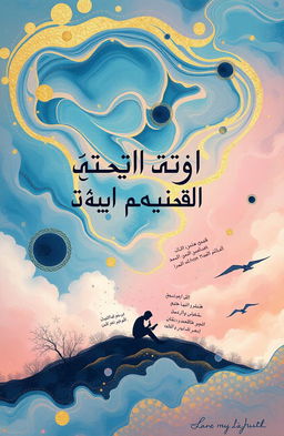 An abstract representation of the phrase 'و شعر شد تمام', showcasing a dreamy landscape with swirling colors and ethereal clouds, blending hues of blue, pink, and gold