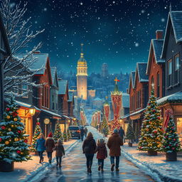 A super realistic depiction of a small city during Christmas nighttime, aglow with vibrant city lights