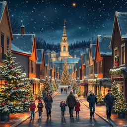 A super realistic depiction of a small city during Christmas nighttime, aglow with vibrant city lights