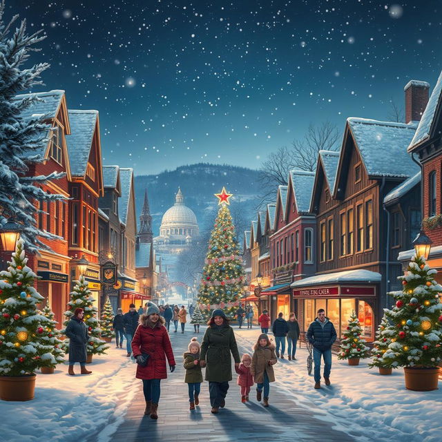 A super realistic depiction of a small city during Christmas nighttime, aglow with vibrant city lights