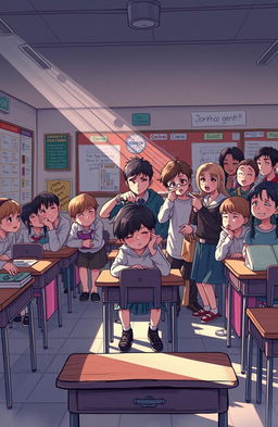A powerful illustration depicting the emotional impact of bullying on a school environment