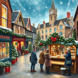 A charming depiction of Christmas in the UK, showcasing iconic holiday scenes