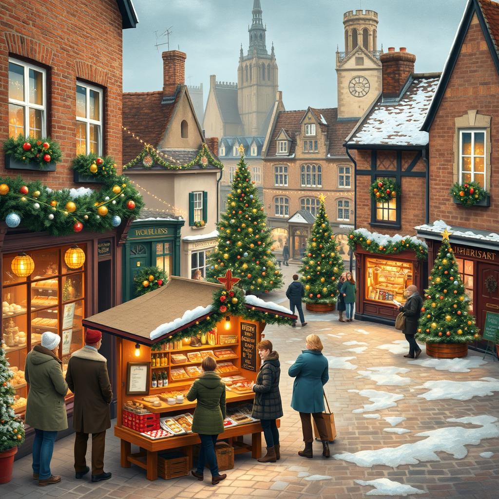 A charming depiction of Christmas in the UK, showcasing iconic holiday scenes