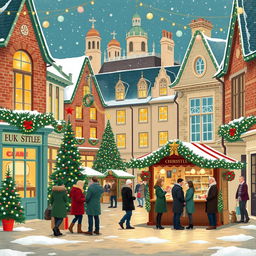 A charming depiction of Christmas in the UK, showcasing iconic holiday scenes