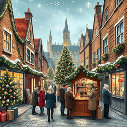 A charming depiction of Christmas in the UK, showcasing iconic holiday scenes