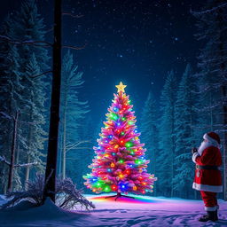 A magical night-themed scene featuring a beautifully decorated Christmas tree nestled in a serene forest