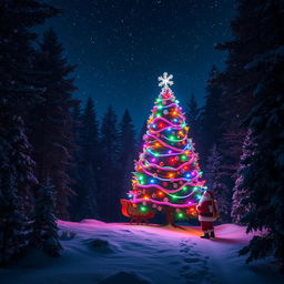 A magical night-themed scene featuring a beautifully decorated Christmas tree nestled in a serene forest