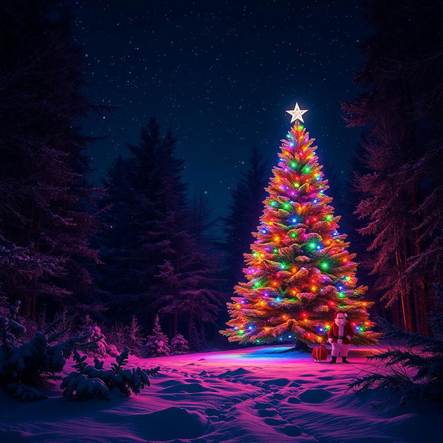 A magical night-themed scene featuring a beautifully decorated Christmas tree nestled in a serene forest