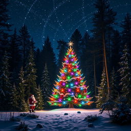 A magical night-themed scene featuring a beautifully decorated Christmas tree nestled in a serene forest