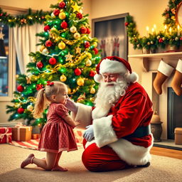 A heartwarming scene of Santa Claus kneeling beside a young girl in front of a beautifully decorated Christmas tree