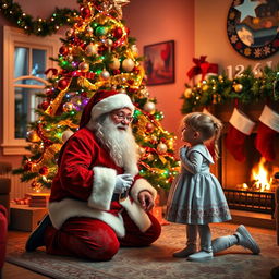 A heartwarming scene of Santa Claus kneeling beside a young girl in front of a beautifully decorated Christmas tree