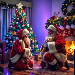A heartwarming scene of Santa Claus kneeling beside a young girl in front of a beautifully decorated Christmas tree