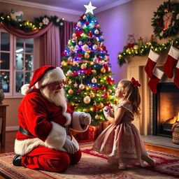 A heartwarming scene of Santa Claus kneeling beside a young girl in front of a beautifully decorated Christmas tree