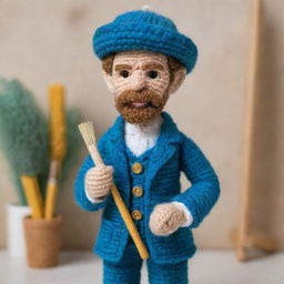 A delicate crochet doll of artist Vincent Van Gogh in his signature attire, holding a paintbrush and posed within an intricately detailed art studio