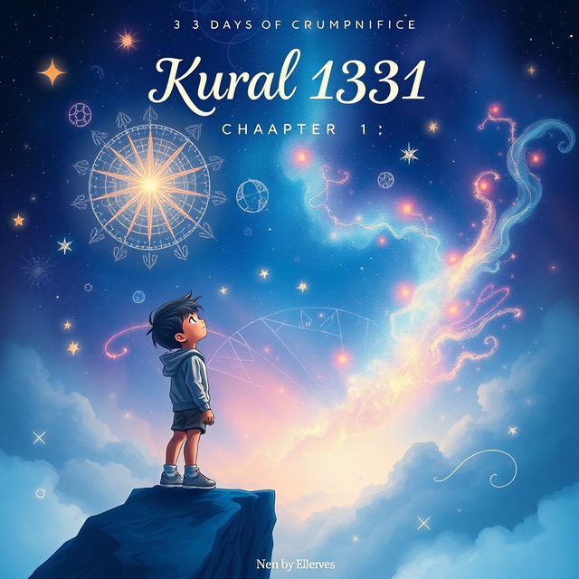 A captivating book cover for 'Kural 1331: Chapter 1 - 3 Days of My Life', showcasing an astrological theme centered around a boy's experiences