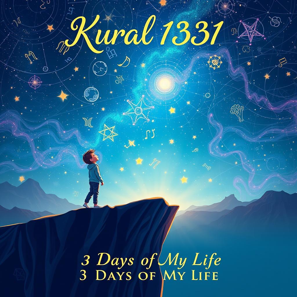 A captivating book cover for 'Kural 1331: Chapter 1 - 3 Days of My Life', showcasing an astrological theme centered around a boy's experiences