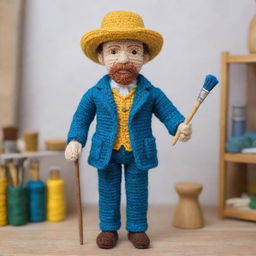 A delicate crochet doll of artist Vincent Van Gogh in his signature attire, holding a paintbrush and posed within an intricately detailed art studio