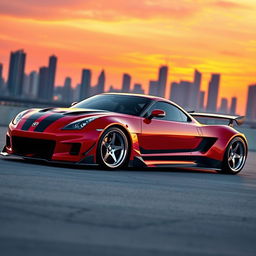 A custom-modified sports car, featuring a sleek aerodynamic body with a glossy red finish and black racing stripes