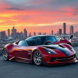 A custom-modified sports car, featuring a sleek aerodynamic body with a glossy red finish and black racing stripes
