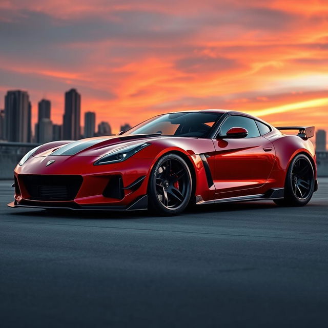 A custom-modified sports car, featuring a sleek aerodynamic body with a glossy red finish and black racing stripes