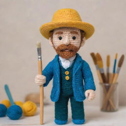 A delicate crochet doll of artist Vincent Van Gogh in his signature attire, holding a paintbrush and posed within an intricately detailed art studio