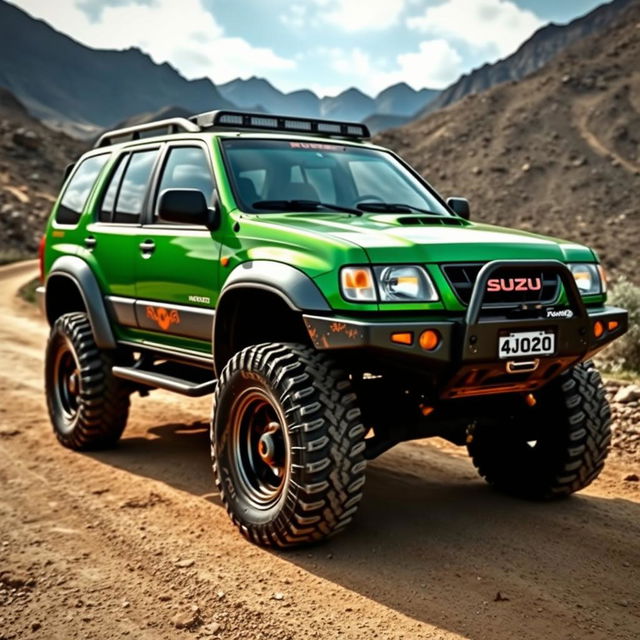 A modified 2000 Isuzu Rodeo in vibrant green color, designed for off-road adventures