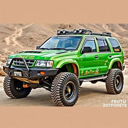 A modified 2000 Isuzu Rodeo in vibrant green color, designed for off-road adventures