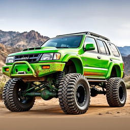 A modified 2000 Isuzu Rodeo in vibrant green color, designed for off-road adventures