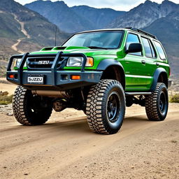 A modified 2000 Isuzu Rodeo in vibrant green color, designed for off-road adventures
