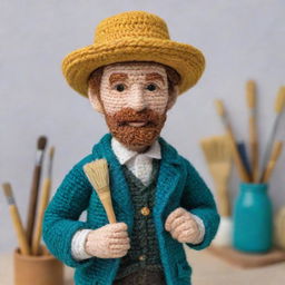 A delicate crochet doll of artist Vincent Van Gogh in his signature attire, holding a paintbrush and posed within an intricately detailed art studio