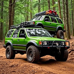 An Isuzu Rodeo 2000 model, featuring a vibrant green color, fully modified for off-road adventures