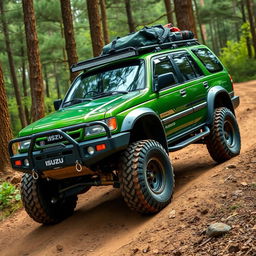 An Isuzu Rodeo 2000 model, featuring a vibrant green color, fully modified for off-road adventures