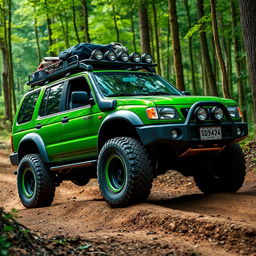 An Isuzu Rodeo 2000 model, featuring a vibrant green color, fully modified for off-road adventures
