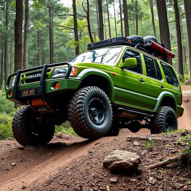 An Isuzu Rodeo 2000 model, featuring a vibrant green color, fully modified for off-road adventures