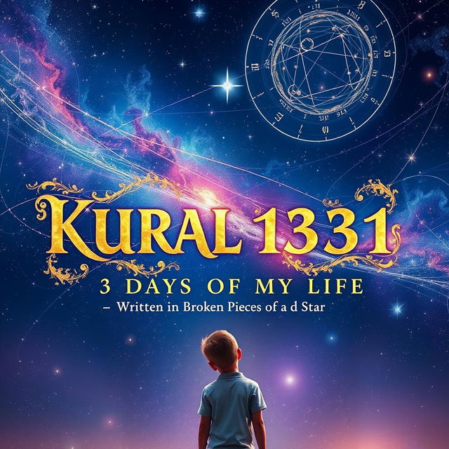 A visually captivating cover for an astrology-themed book titled 'Kural 1331: 3 Days of My Life - Written in Broken Pieces of a Star'