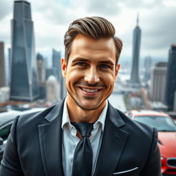 A handsome wealthy man with a prominent nose, exuding charm and confidence