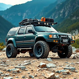 An Isuzu Rodeo 2000 model, featuring a dark green color, fully modified for off-road adventures