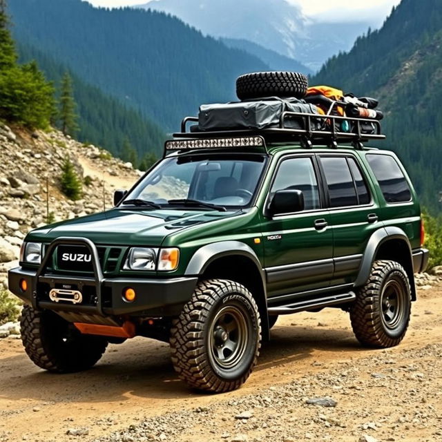 An Isuzu Rodeo 2000 model, featuring a dark green color, fully modified for off-road adventures