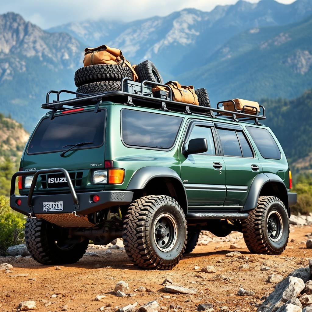 An Isuzu Rodeo 2000 model, featuring a dark green color, fully modified for off-road adventures