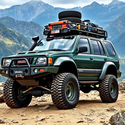An Isuzu Rodeo 2000 model, featuring a dark green color, fully modified for off-road adventures