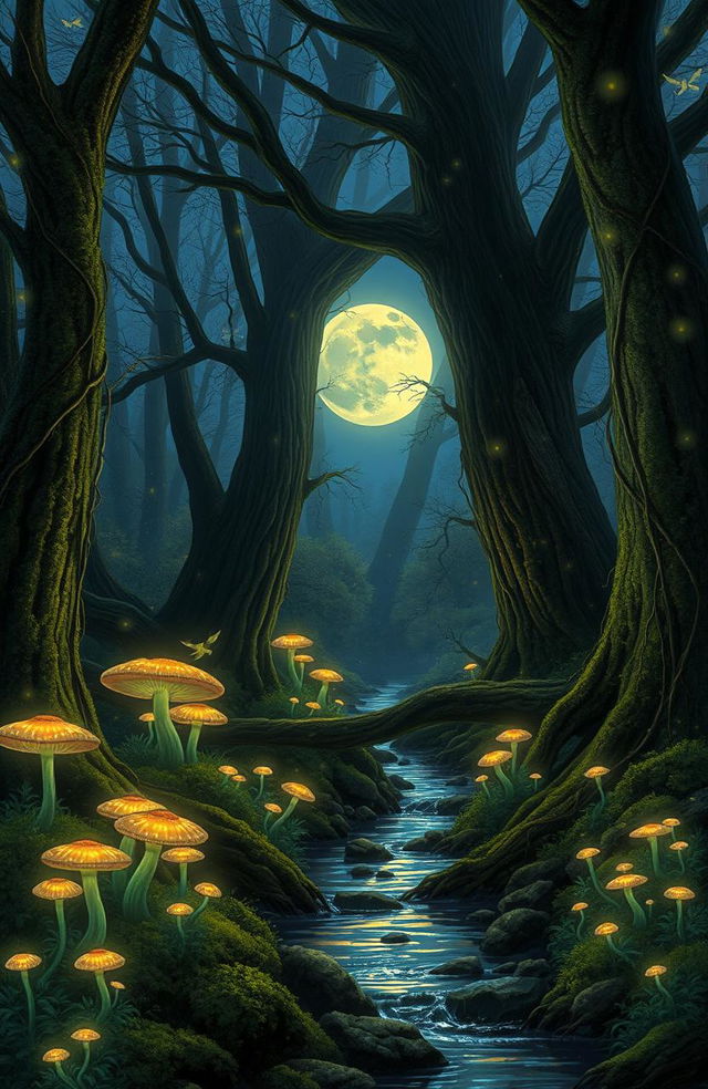 A mystical forest at twilight, filled with glowing mushrooms and bioluminescent plants