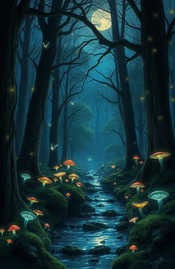 A mystical forest at twilight, filled with glowing mushrooms and bioluminescent plants
