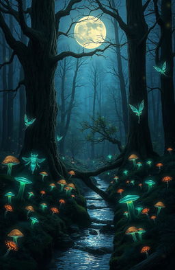 A mystical forest at twilight, filled with glowing mushrooms and bioluminescent plants