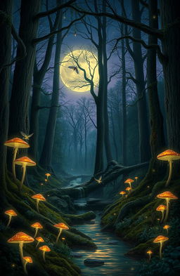 A mystical forest at twilight, filled with glowing mushrooms and bioluminescent plants