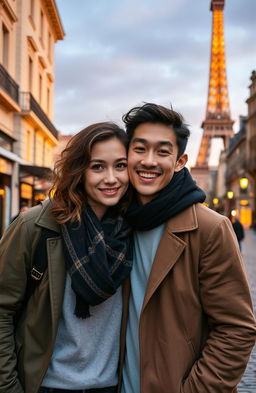 A young woman with fair skin, messy curly brown hair, and striking green eyes, standing beside a young man with fair skin and Asian features, both in a beautiful Paris setting