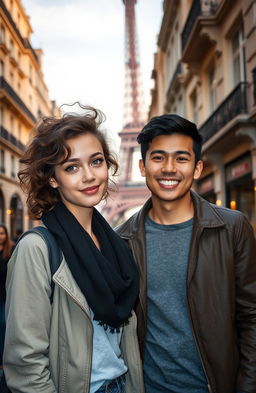 A young woman with fair skin, messy curly brown hair, and striking green eyes, standing beside a young man with fair skin and Asian features, both in a beautiful Paris setting