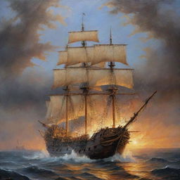 Una pintura al óleo, hacer un galeón Español de madera altamente detallado, con sus filas de cañones en los laterales, con varias velas desplegadas en un mar picado, tormentoso y dramático, con cielo lluviosos y con rayos, relámpagos