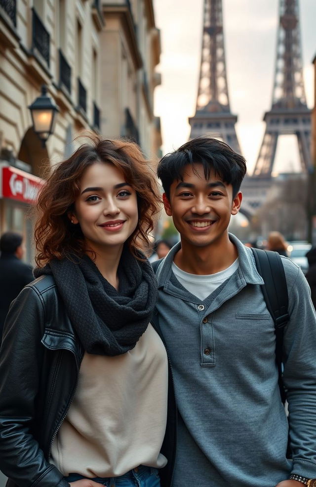 A young woman with fair skin, messy curly brown hair, and striking green eyes, standing beside a young man with fair skin and Asian features, both in a beautiful Paris setting